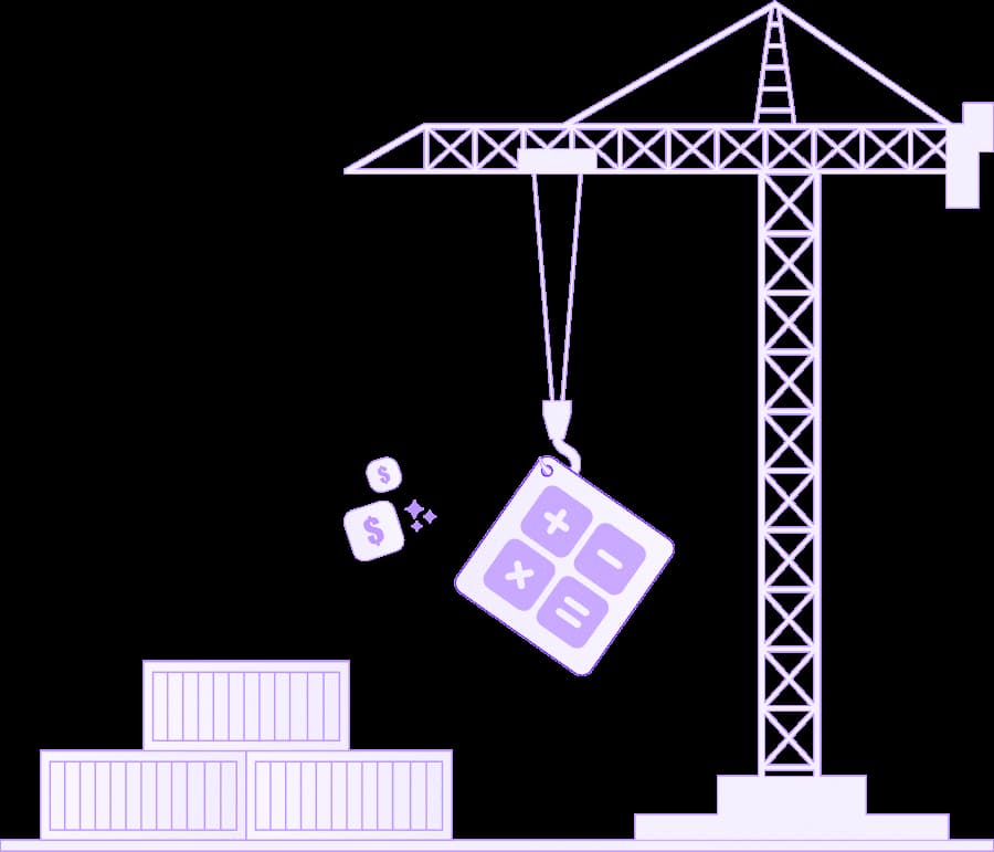 Industrial crane holding calculator above shipping containers