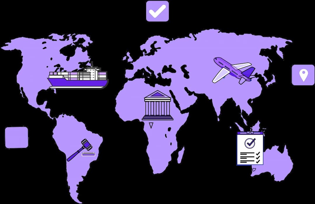Purple world map with prohibition symbols on North America, Europe, and Asia, highlighting Trademo's global sanctions screening tool for compliance with over 660 sanction and PEP lists.