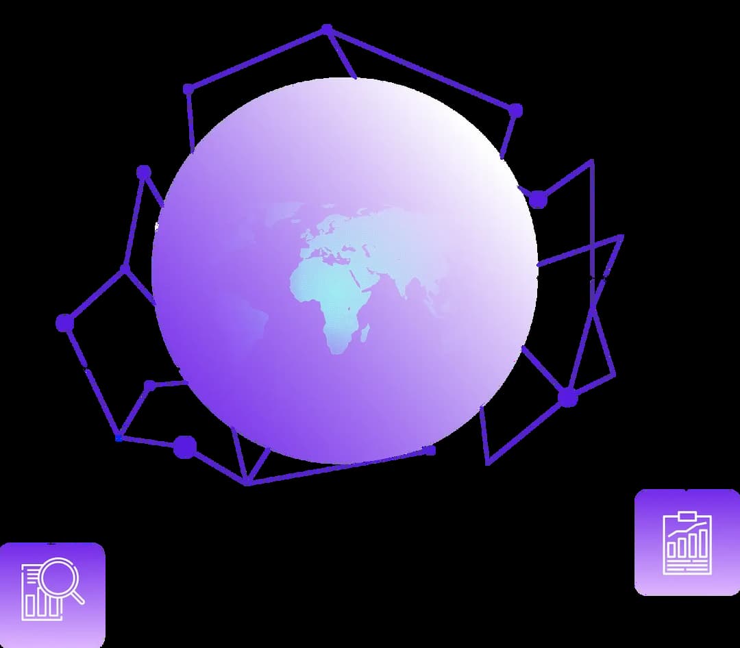 Purple world map with prohibition symbols on North America, Europe, and Asia, highlighting Trademo's global sanctions screening tool for compliance with over 660 sanction and PEP lists.