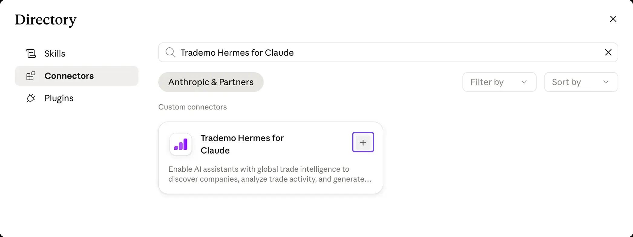Connectors directory showing the Trademo Hermes for Claude connector