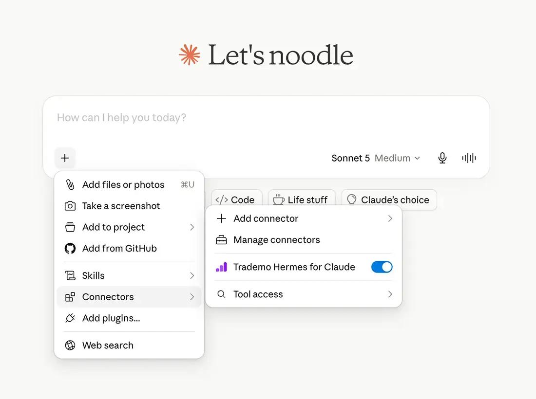 Connectors menu showing Trademo Hermes for Claude enabled