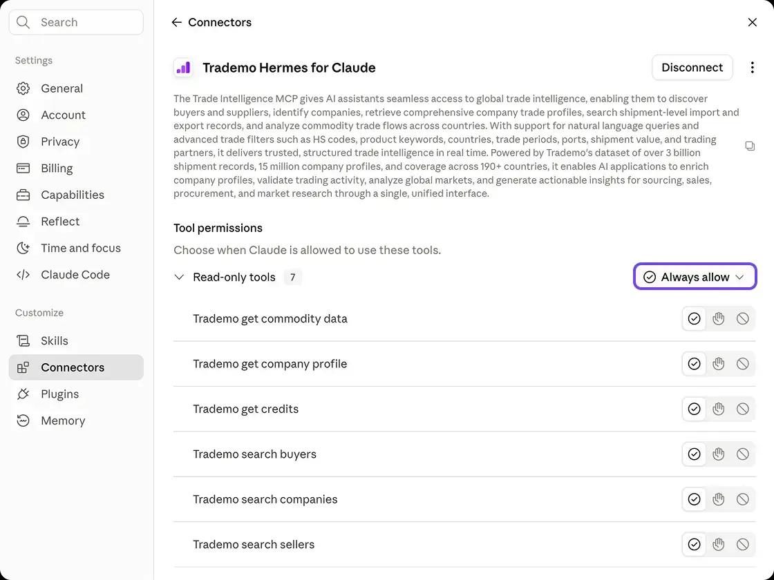 Tool permissions set to Always allow for the Trademo connector