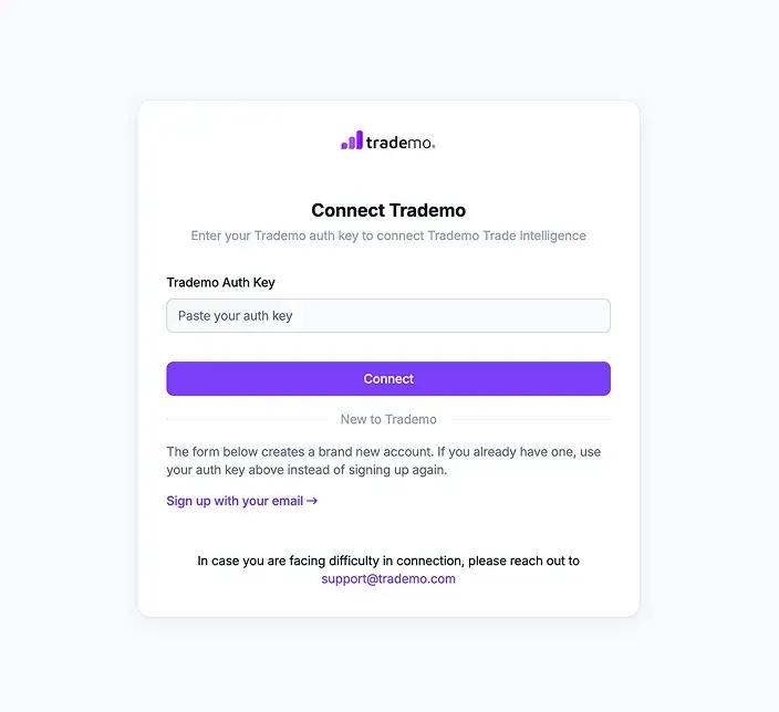 Connect Trademo screen with the auth key field